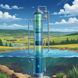 Illustration of a whole-house water filtration system set in a green landscape